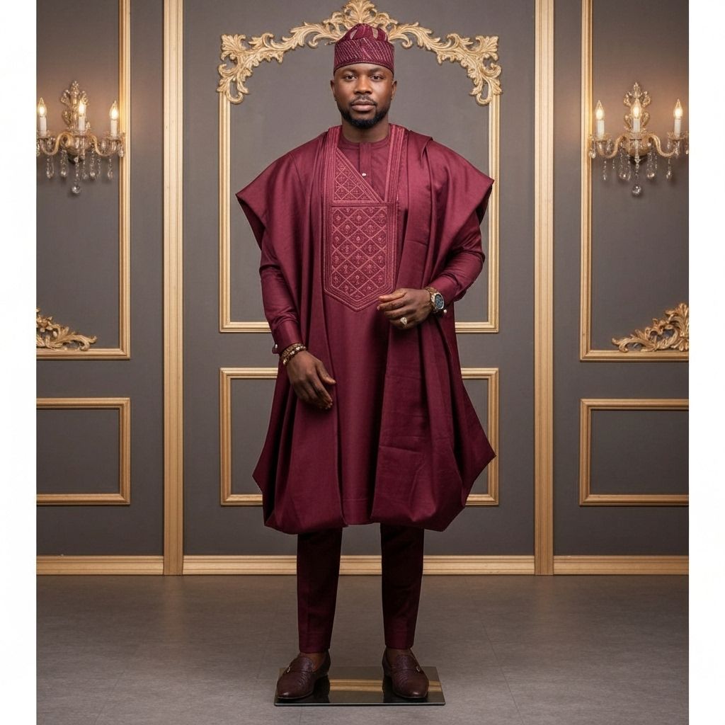 NNADI Luxury Native – Classic Agbada – Lana – Wine (Mannequin, woven neck label)